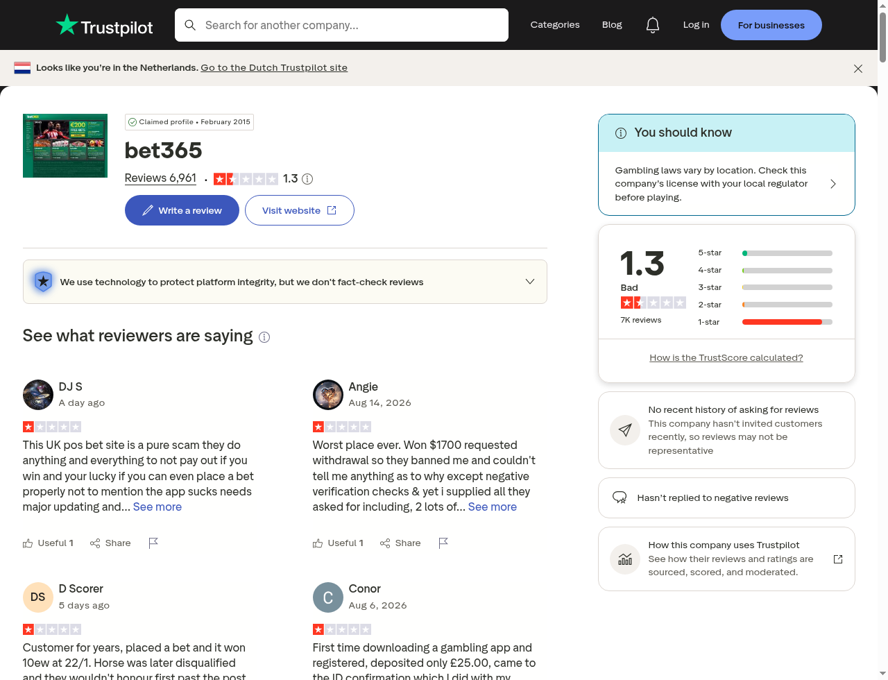 Qabda datata ta’ profil pubbliku ta’ reviżjonijiet dwar Bet365
